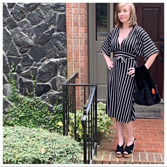 Black and white stripe plunging V neck midi dress - Picture 8 of 8